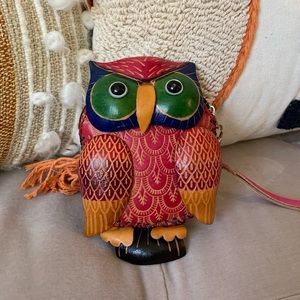 Embossed Multicolor Leather Owl Coin Purse